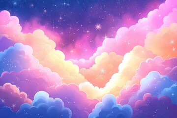 Poster - Sparkling Stars and Fluffy Clouds in a Colorful Dreamy Sky Background