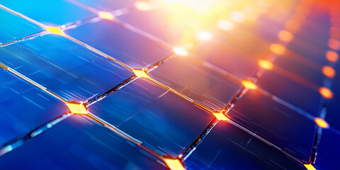 Poster - Close up of perovskite solar cell array glowing under UV light, showcasing vibrant colors and intricate patterns. image highlights technology potential for renewable energy