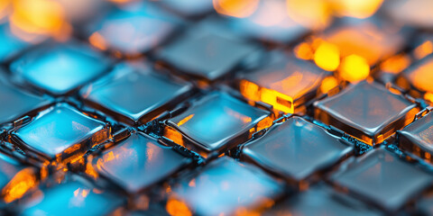 Aufkleber - Close up of textured glass tiles with vibrant blue and orange reflections, showcasing intricate patterns and light interplay. image captures modern aesthetic