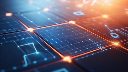 Poster - Futuristic digital interface with glowing grid patterns and circuits, showcasing advanced technology and innovation. vibrant colors create dynamic atmosphere