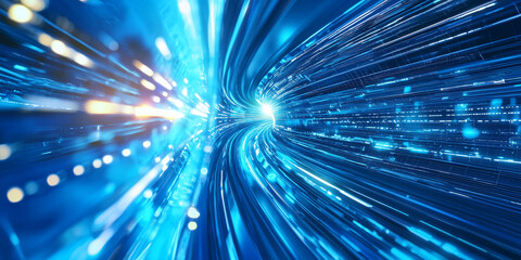 Poster - Futuristic blue light trails create dynamic sense of speed and motion, representing advanced technology and innovation in digital landscape