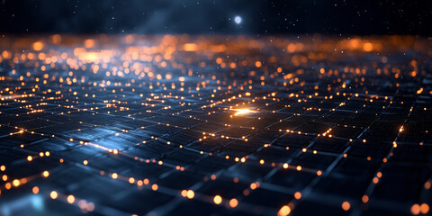 Poster - futuristic landscape with glowing particles on grid surface, creating mesmerizing visual effect. scene evokes sense of advanced technology and innovation
