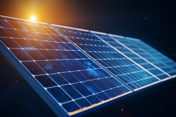 Poster - Futuristic solar panels harnessing energy in space, showcasing advanced technology and innovation. vibrant colors and design highlight potential of renewable energy