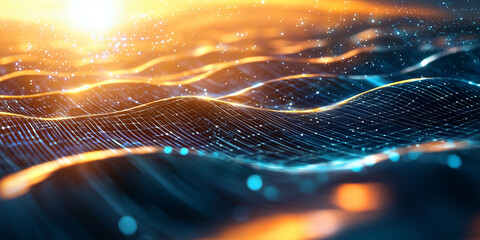 Poster - Abstract representation of waves with glowing particles and light reflections, creating serene and dynamic atmosphere. interplay of light and texture evokes sense of tranquility