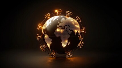 Fototapete - Global Connection Concept Featuring Illuminated 3D Globe Surrounded by Neon Links, Symbolizing Technology, Communication, and Worldwide Networks in a Dark Background