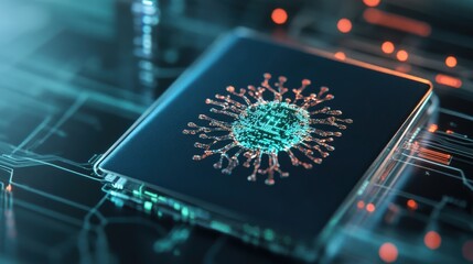 Poster - Abstract representation of a microchip with a digital virus illustration, showcasing technology, data security, and innovation in a cyber environment
