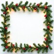 © Maryna - Christmas garland with green fir branches, red berries. Lights illuminate branches. Decorative frame on white background. Perfect for holiday cards or invitations. Simple, elegant festive design.