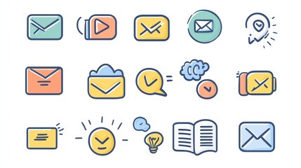 Unique icon set of editable stroke message designs, featuring transparent line art and dynamic overlaps on a clean white background