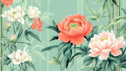 Wall Mural - Vibrant floral artwork featuring peonies and bamboo indoor setting digital illustration serene atmosphere close-up nature's beauty