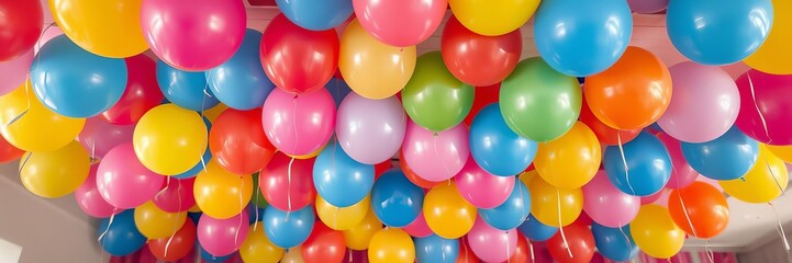 Wall Mural - Colorful balloons in various shapes and sizes floating on the ceiling of a vibrant party venue, decorations, party