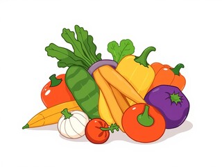 Colorful hand drawn fresh vegetables bundle isolated on white background, vegan products, vegetarian food, flat cartoon vector illustration, vegan, vegetables