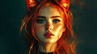 © Thiago - A fictional person, not based on a real person. a portrait of a redhead young woman with cat ears. ai generated art. Halation. Illustration