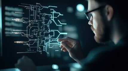 Poster - Creative Professional Analyzing Digital Circuit Design on Futuristic Interface with Glowing Data Visualizations and Modern Technology in a Dark Environment