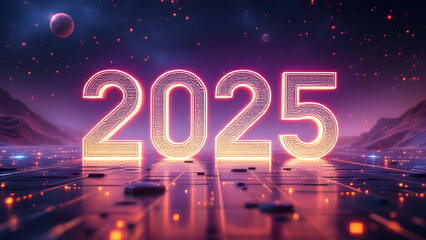 Poster - 2025 new year 3d text on futuristic technology background.