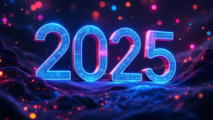 Poster - 2025 new year 3d text on futuristic technology background.
