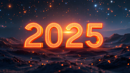 Poster - 2025 new year 3d text on futuristic technology background.