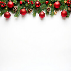 a white background with red and gold ornaments and pine cones