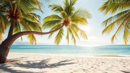 Crashed coconut in the sand on a tropical beach with blue sea in the background, relaxation, travel, healthy eating, fresh, coconut