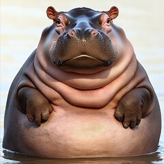 a clean white-style image of a photorealistic image of a hippopotamus submerged in a river.