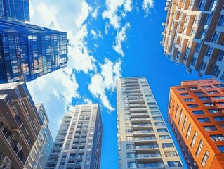Wall Mural - modern skyscrapers in vibrant cityscape under clear blue skies