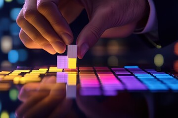 Poster - Hand placing illuminated cube on colorful digital grid.