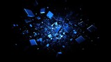 Abstract blue cubes exploding in dark space.