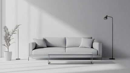 Wall Mural - Minimalist living room interior design with sofa, coffee table, floor lamp, and plant.