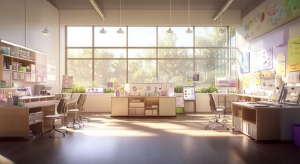 Aufkleber - Sunlit classroom with desks, computers, and whiteboard.