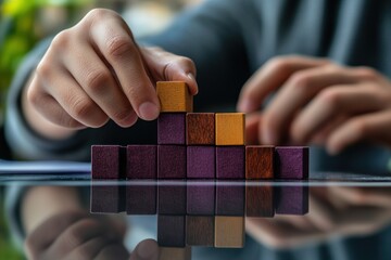 Poster - Person building a staircase with wooden blocks.