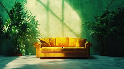 Sticker - Cozy Yellow Sofa against Green Wall with Lush Indoor Plants