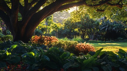 Wall Mural - 44.A sunlit view of Kapiolani Park in Hawaii, showcasing vibrant greenery and large, leafy trees. Sunlight filters softly through the tree canopy, casting warm, natural light across the park and