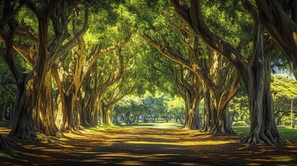 Wall Mural - 41.A view of Kapiolani Park in Hawaii, showcasing dense green foliage and sunlight filtering through a canopy of large trees. The rich greenery is vibrant and lush, with rays of sunlight creating