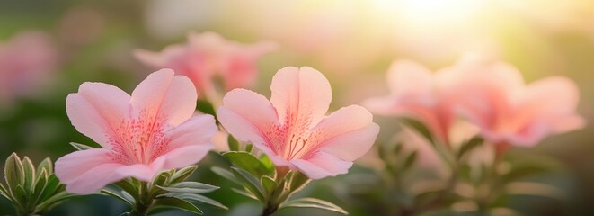Fototapete - Pink azaleas blooming in sunlight.