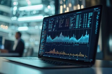 Poster - Laptop displaying financial data charts and graphs in modern office.