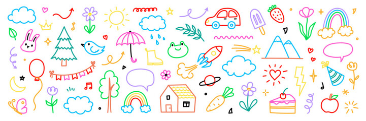 Wall Mural - cute kid background line flower, heart, rainbow icon. hand drawn doodle sketch baby element set. flo