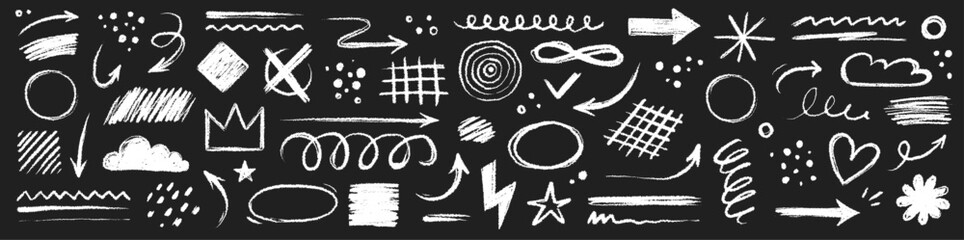 Poster - Arrow brush line chalk sketch texture brush vector set. Crayon marker scribble sketch stroke arrow element line brush hand drawn design. Texture abstract chalk, crayon style. Vector illustration