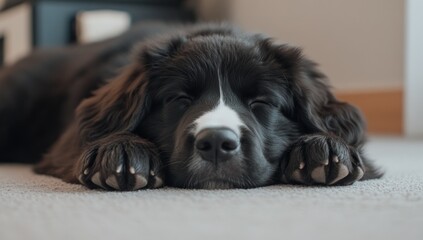 Wall Mural - Adorable black and white puppy sleeping peacefully on carpet.