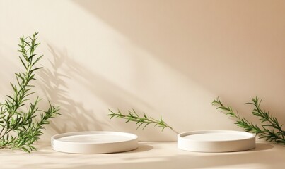Aufkleber - Two white podiums with rosemary sprigs, sunlight.