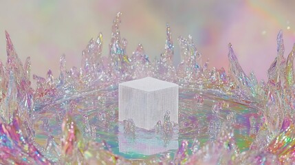 Wall Mural - iridescent liquid surrounds a white cube on a reflective surface.