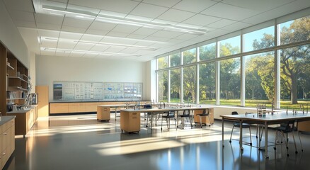 Poster - Sunlit science lab with large windows, modern furniture, and equipment.
