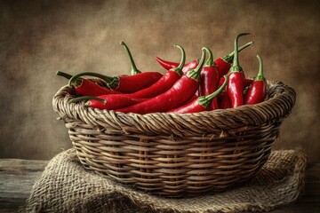 Poster - Red chili peppers in a rustic wicker basket on burlap.