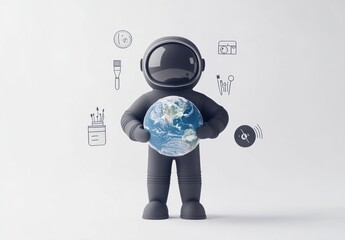 Poster - Astronaut holding Earth globe with surrounding icons.