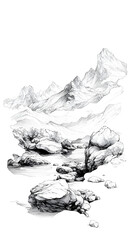 Wall Mural - China Qing Dynasty, mountains, rocks and water, ink style, white background