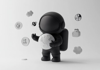 Poster - Black astronaut holding Earth, surrounded by icons.