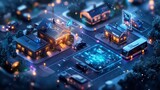A photograph of an advanced smart city hub featuring digital kiosks self driving buses and holographic maps connected by glowing networks showcasing the future of urban transportation and technology