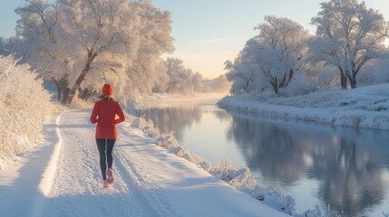 Poster - A woman in a red jacket jogs beside a calm river, surrounded by snow-covered trees and a serene winter landscape. The sun rises gently, creating a beautiful scene.