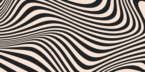 Poster - Abstract horizontal background with dynamic waves. Trendy vector illustration in style retro 60s, 70s. Beige and black colors	