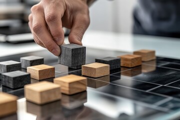 Fototapete - Hand placing wooden block on a grid, strategy concept.