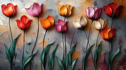 Poster - Vibrant Tulip Floral Artwork in Bright Colors Against Textured Gray Background