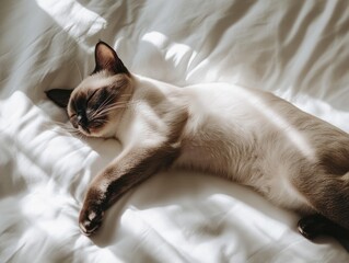 Wall Mural - Siamese cat sleeping peacefully on white bedding in sunlight.